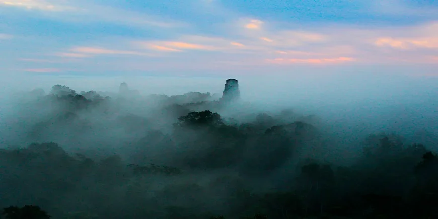 Sininen auringonnousu Guatemalan Tikalin kansallispuistossa