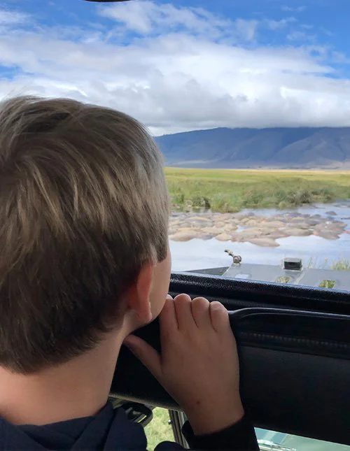 Lapsi katsoo safariautosta joelle ja savannille