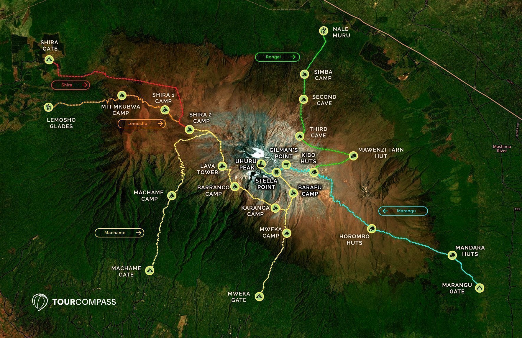 Kartta Kilimanjaron eri reiteistä