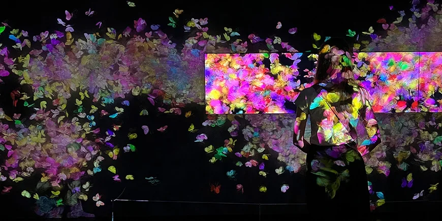 Vaaleanpunainen valoshow TeamLab Borderless -museossa